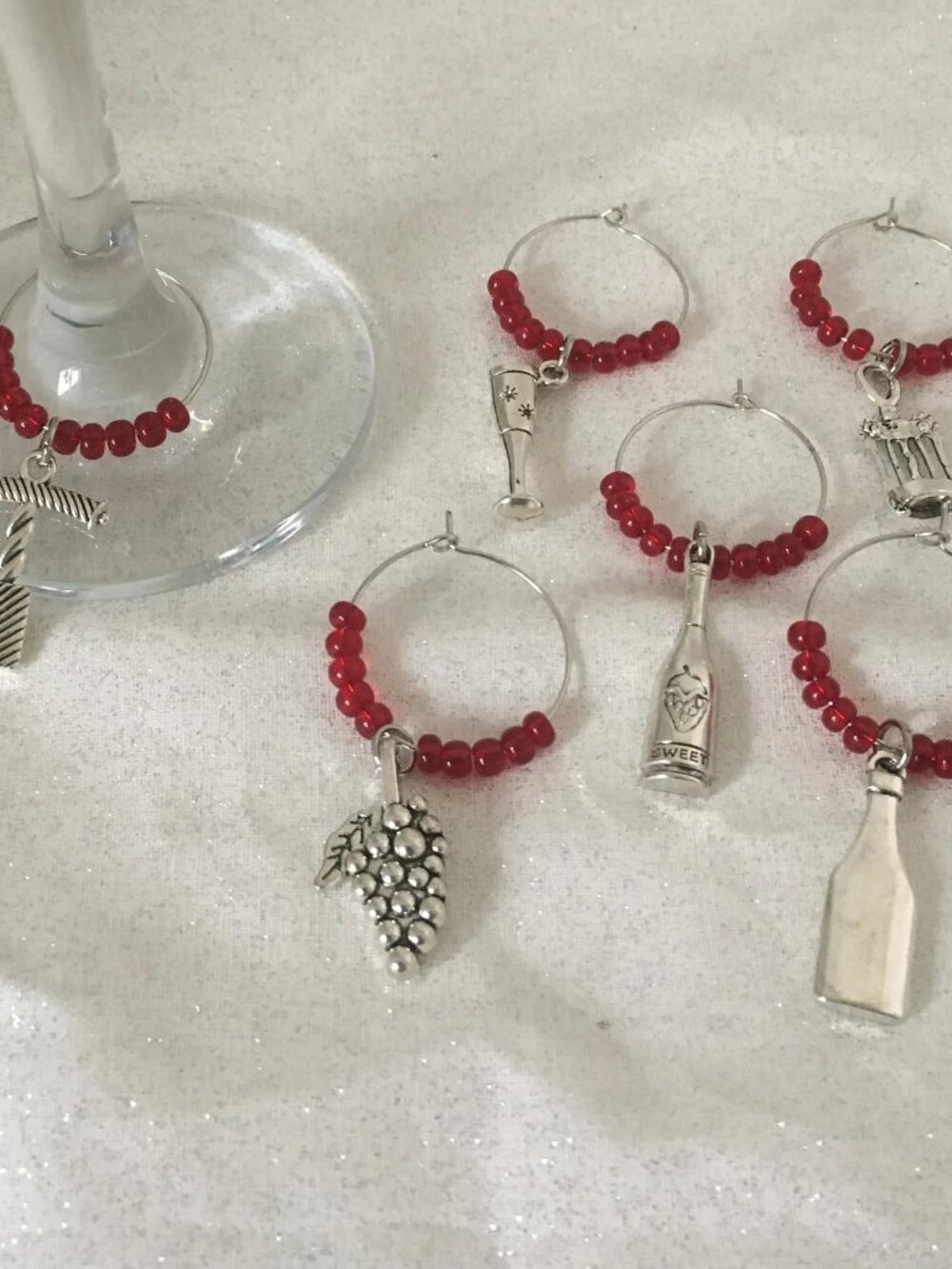 Handmade Wine-Themed Drink Charms • Set of 6 • Red Beads • Party Décor